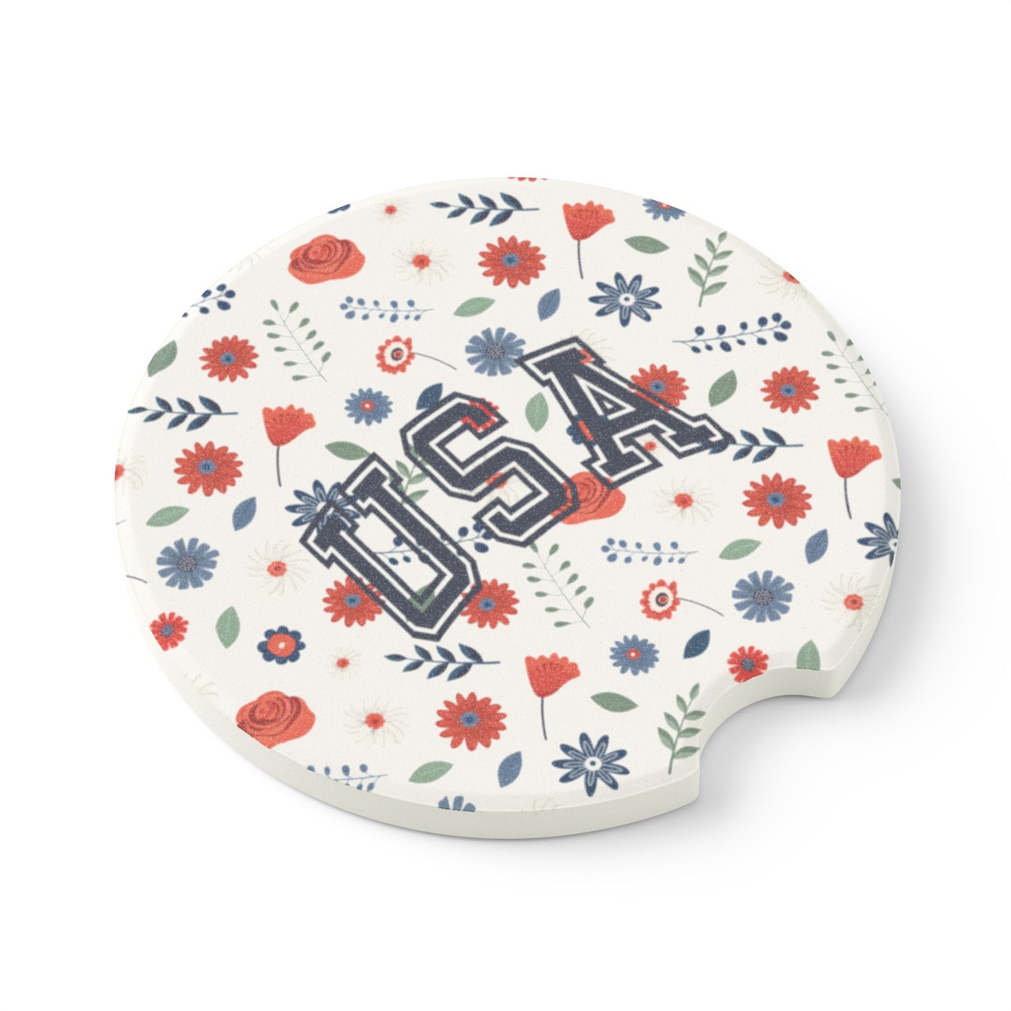 USA Floral Soapstone Car Coaster, Car Accessories for Gift, Home Decor, USA Pride, Summer Events, Floral Design