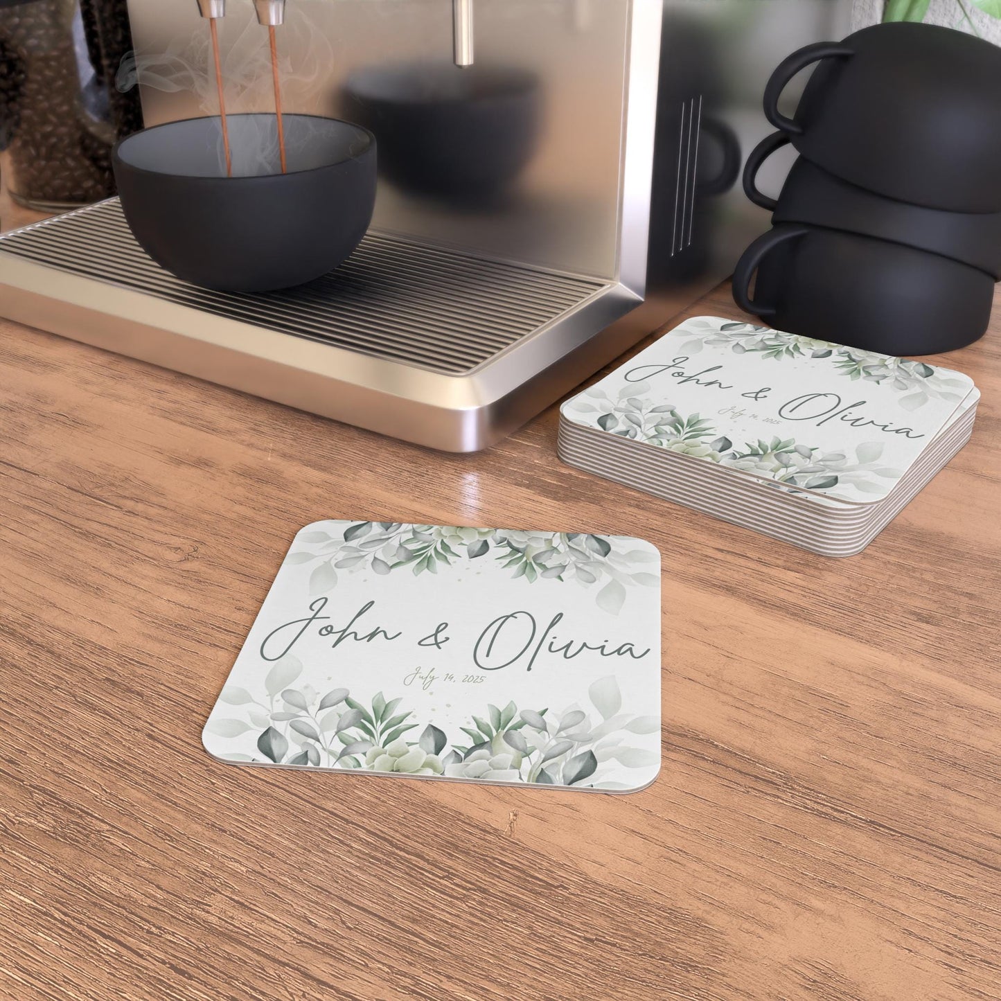 Elegant Personalized Coasters for Weddings and Home, Custom Name & Date Coaster Set, Bridal Shower Gift, Wedding Shower, Wedding Favors