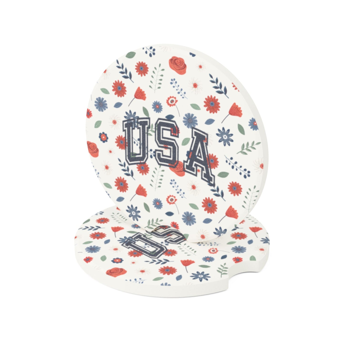 USA Floral Soapstone Car Coaster, Car Accessories for Gift, Home Decor, USA Pride, Summer Events, Floral Design