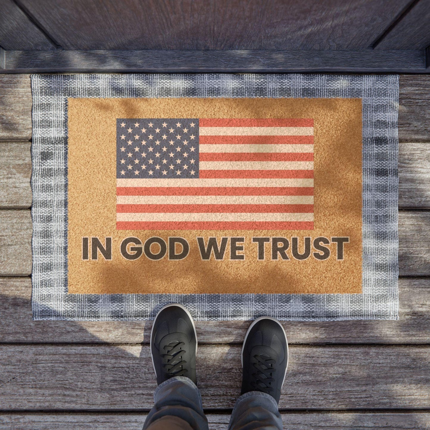 USA Patriotic Doormat, Welcome Mat with American Flag, In God We Trust Door Mat, Home Decor for Patriotic Holidays, Rustic Outdoor Entryway