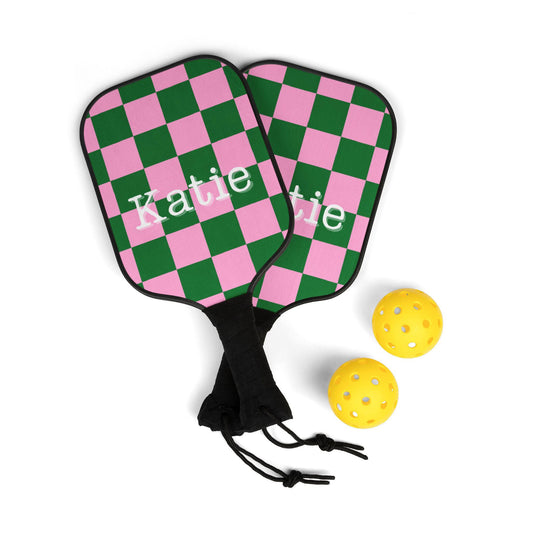 Pickleball Paddle Set - Fun Green and Pink Checkered Design for Pickleball Lovers, Sports Gifts, Active Lifestyle, Summer Fun