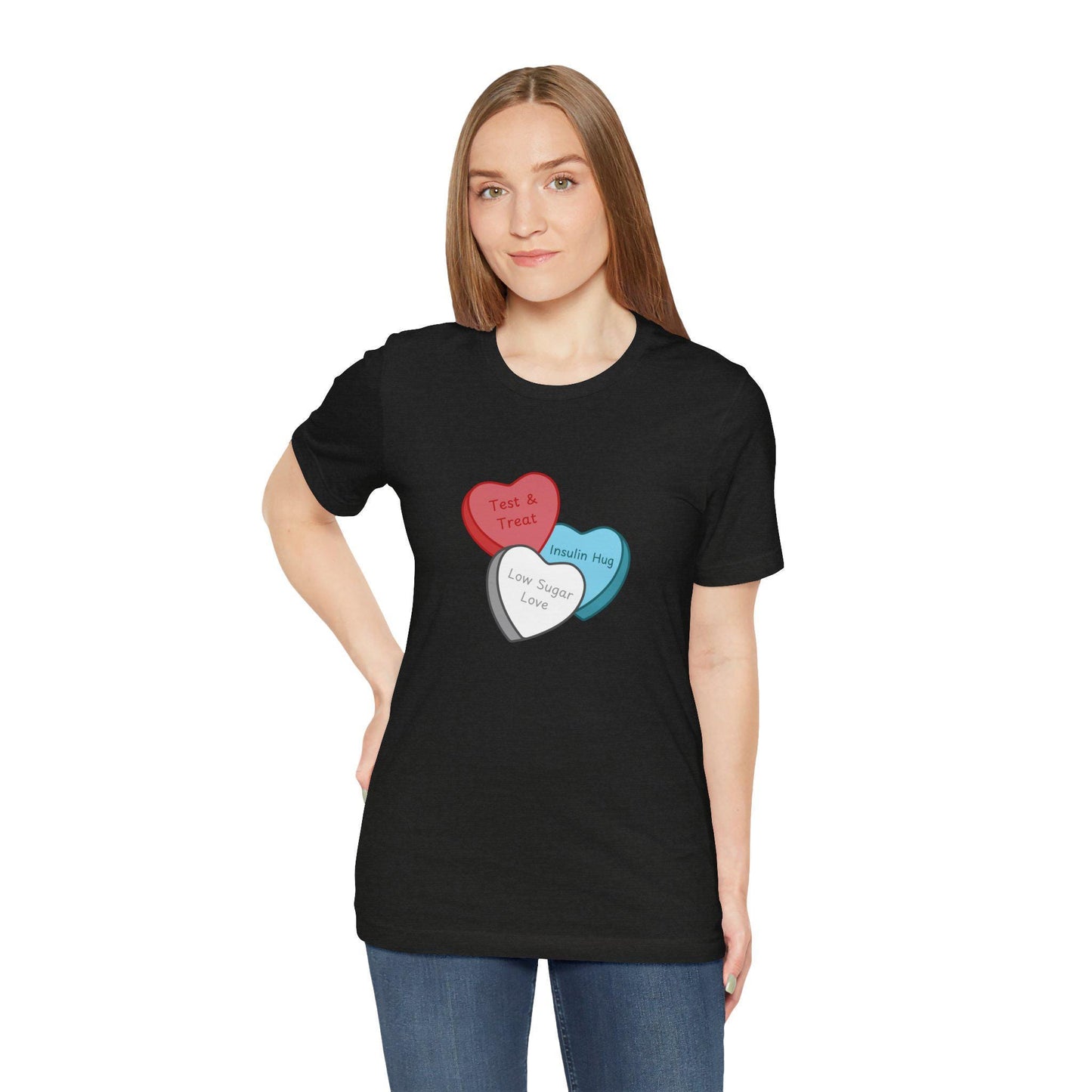 Conversation Hearts Diabetes Tee - 'Test & Treat, Insulin Hug, Low Sugar Love' - Perfect for Diabetics, Health Advocates, Gifts,
