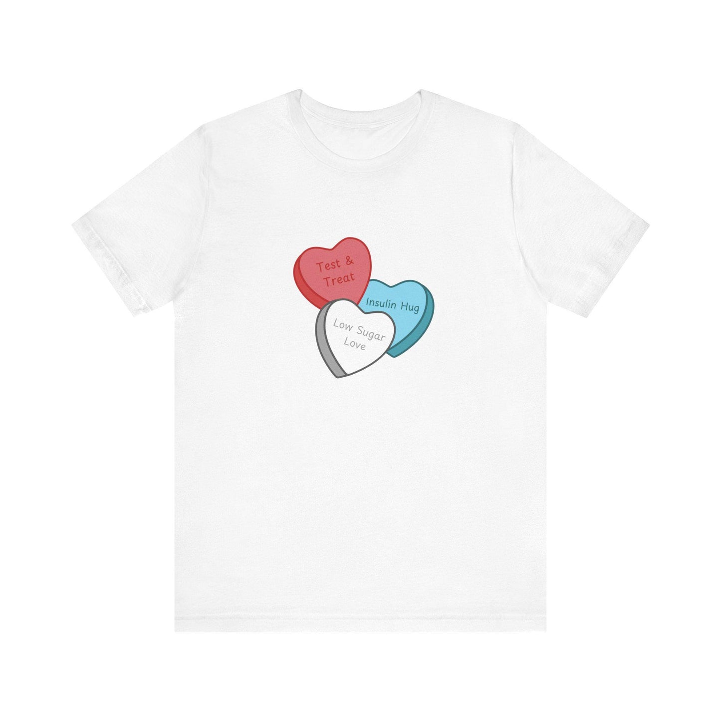 Conversation Hearts Diabetes Tee - 'Test & Treat, Insulin Hug, Low Sugar Love' - Perfect for Diabetics, Health Advocates, Gifts,