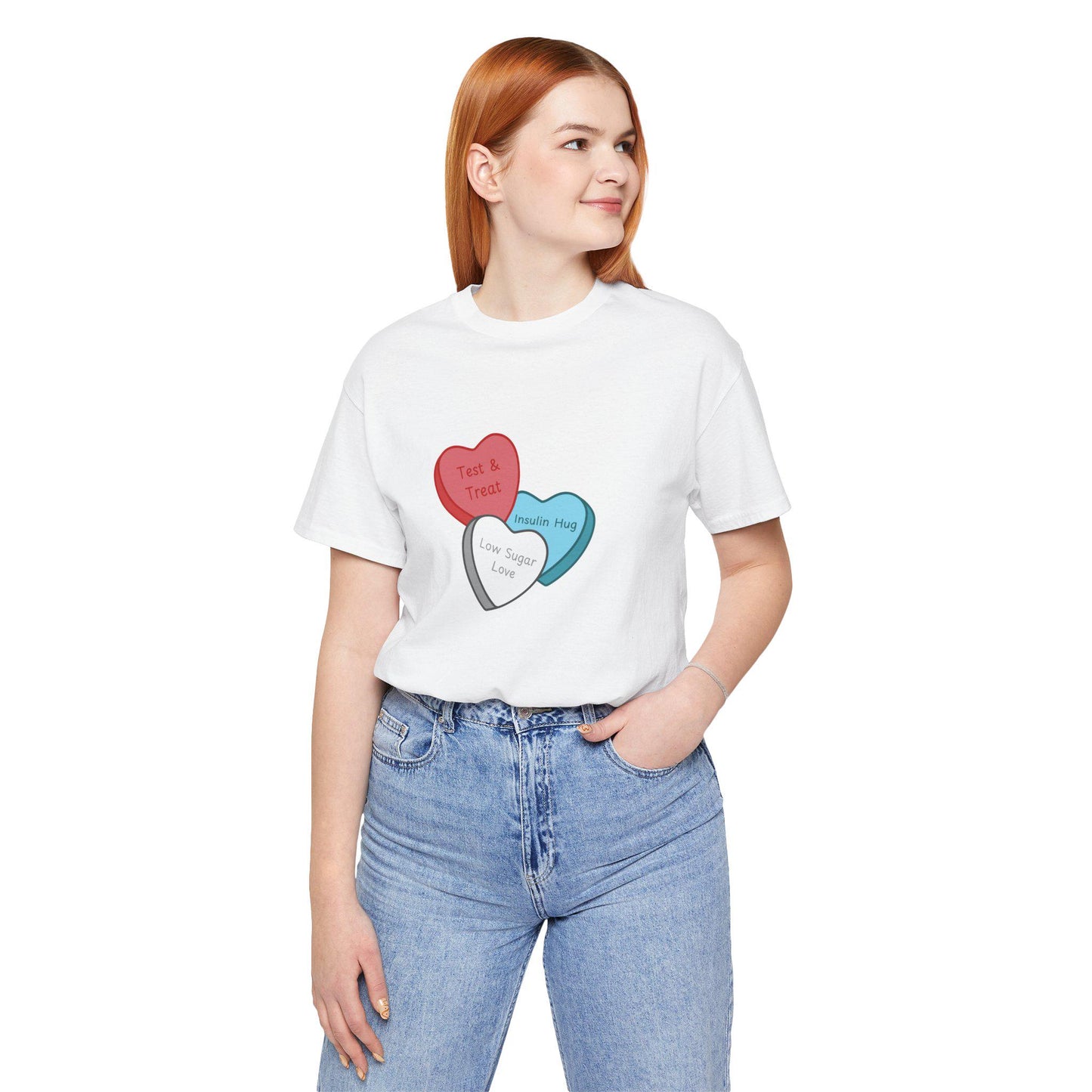 Conversation Hearts Diabetes Tee - 'Test & Treat, Insulin Hug, Low Sugar Love' - Perfect for Diabetics, Health Advocates, Gifts,