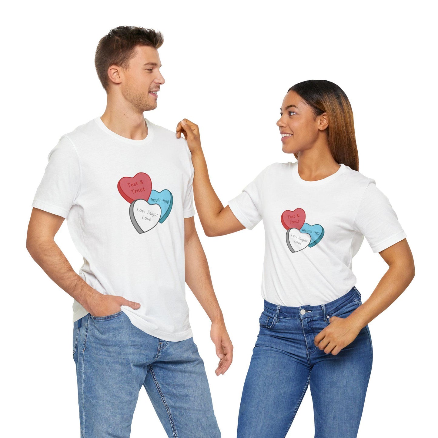 Conversation Hearts Diabetes Tee - 'Test & Treat, Insulin Hug, Low Sugar Love' - Perfect for Diabetics, Health Advocates, Gifts,