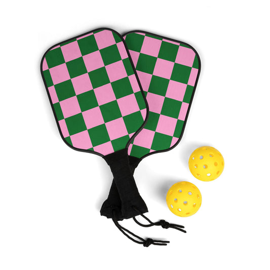 Pickleball Paddle Set - Fun Green and Pink Checkered Design for Pickleball Lovers, Sports Gifts, Active Lifestyle, Summer Fun