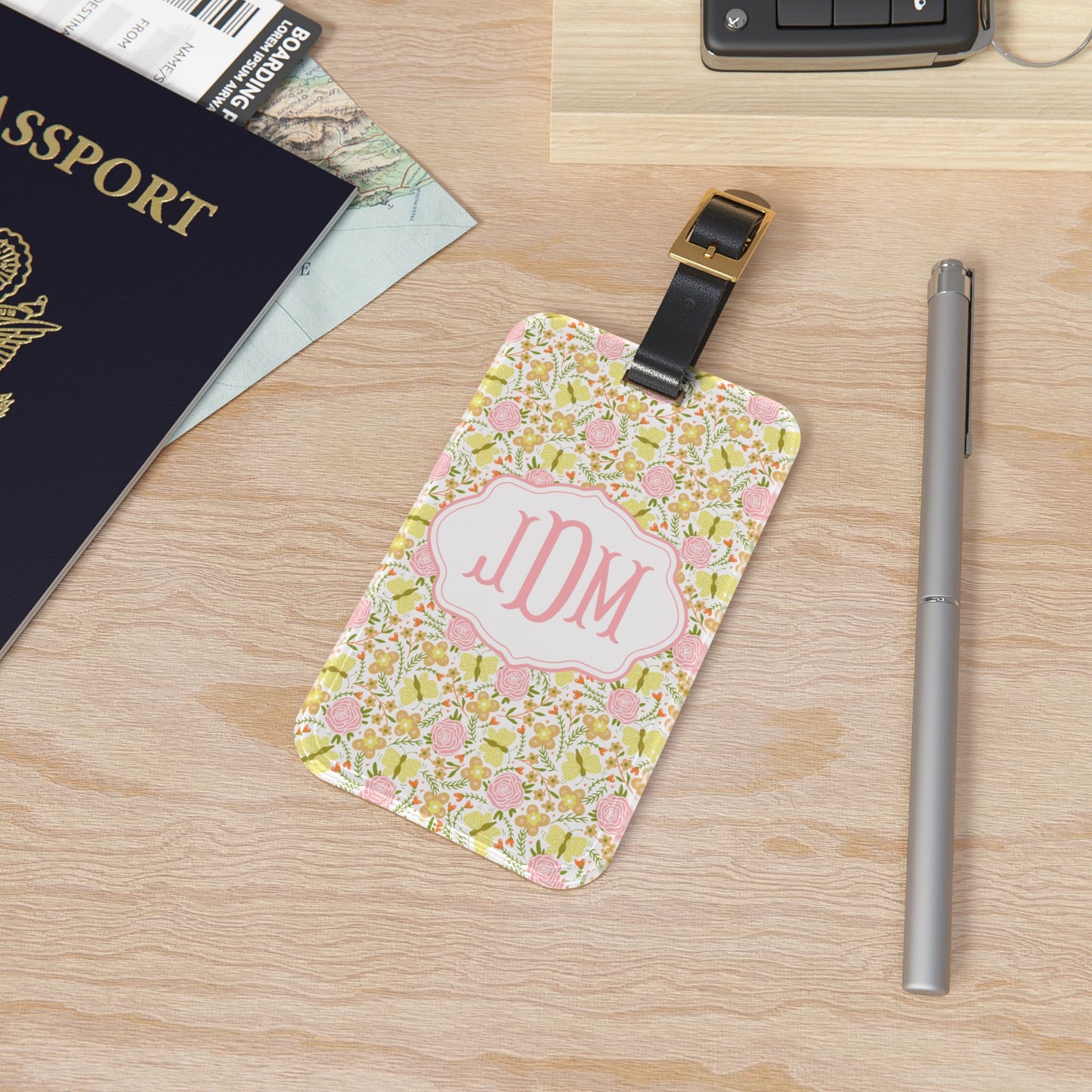 Pink Floral Monogram Luggage Tag | Personalized Initials