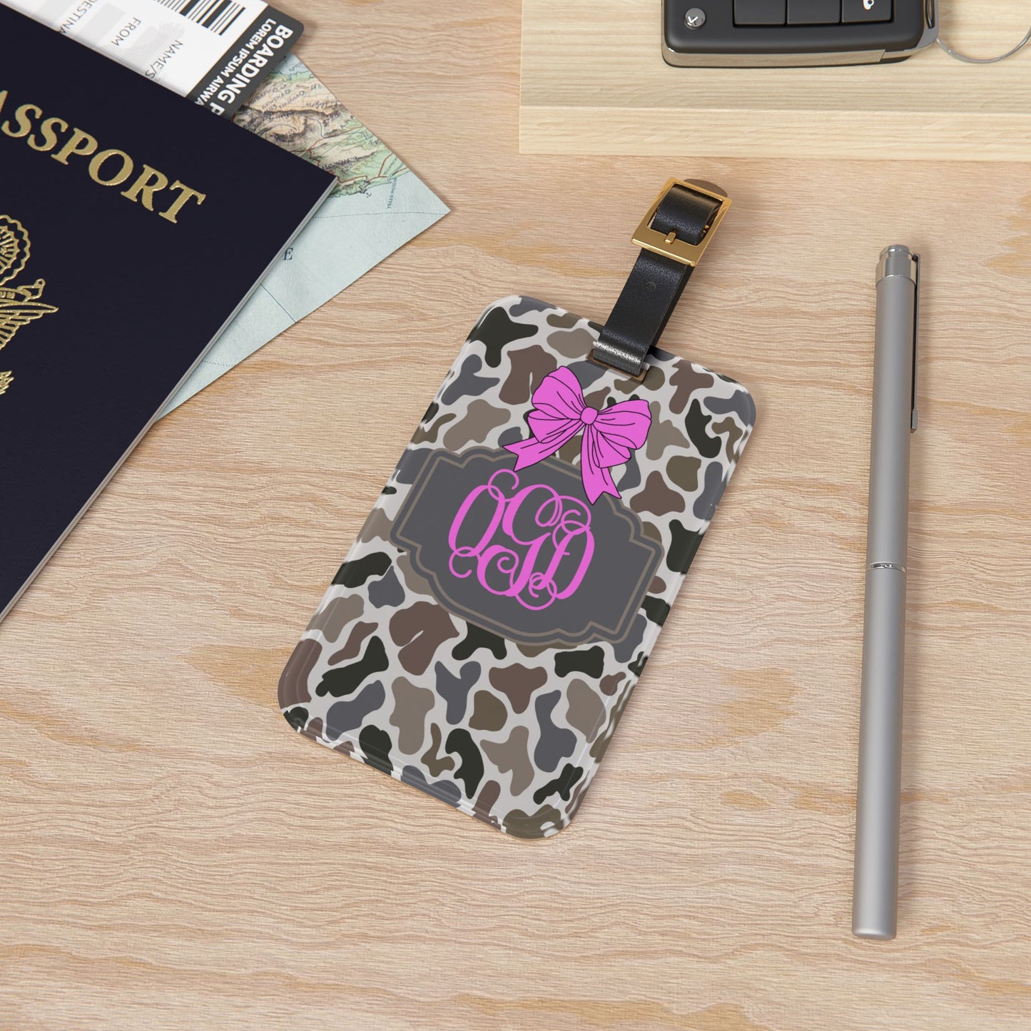 Pink Bow Monogram Luggage Tag | Camo Background I Stocking Stuffer for Her