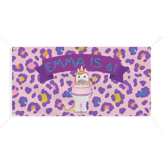 Unicorn Birthday Banner Matte Banner | Personalized Purple Leopard Print