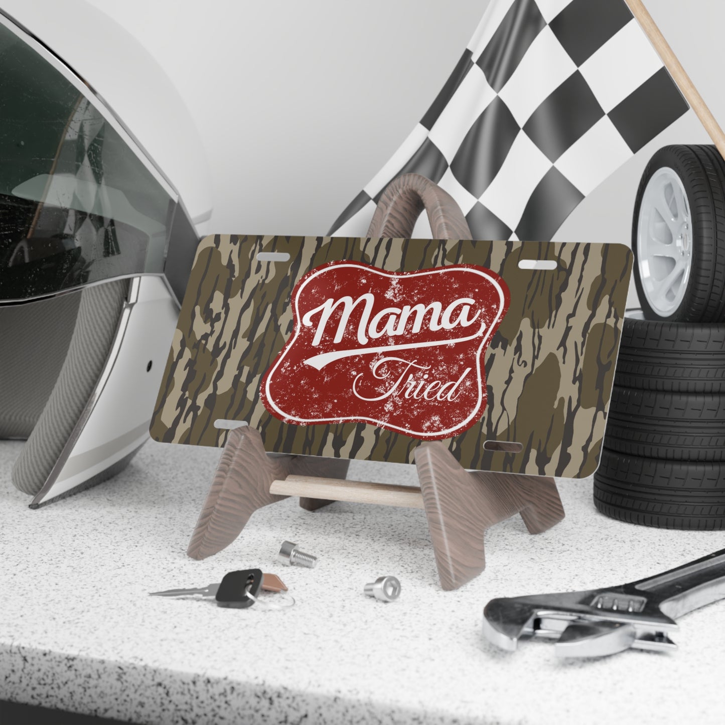 Mama Tried Bottom Land camo vanity plate | camo background, distressed red badge