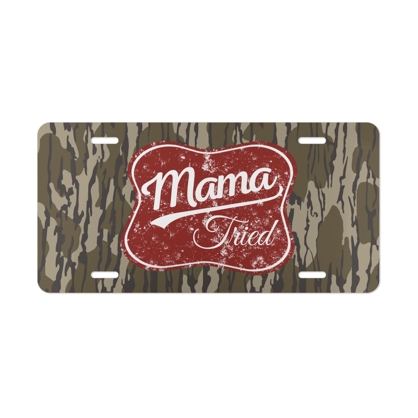 Mama Tried Bottom Land camo vanity plate | camo background, distressed red badge