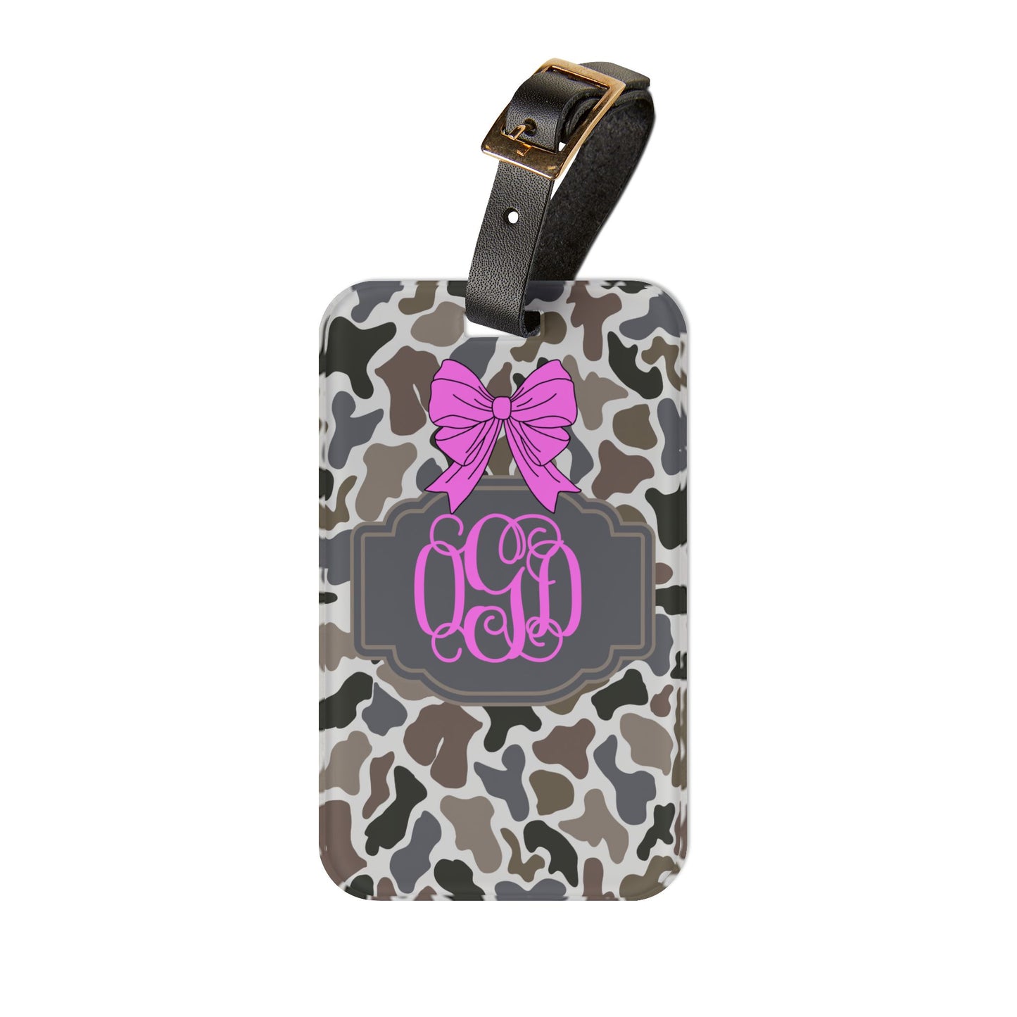 Pink Bow Monogram Luggage Tag | Camo Background I Stocking Stuffer for Her