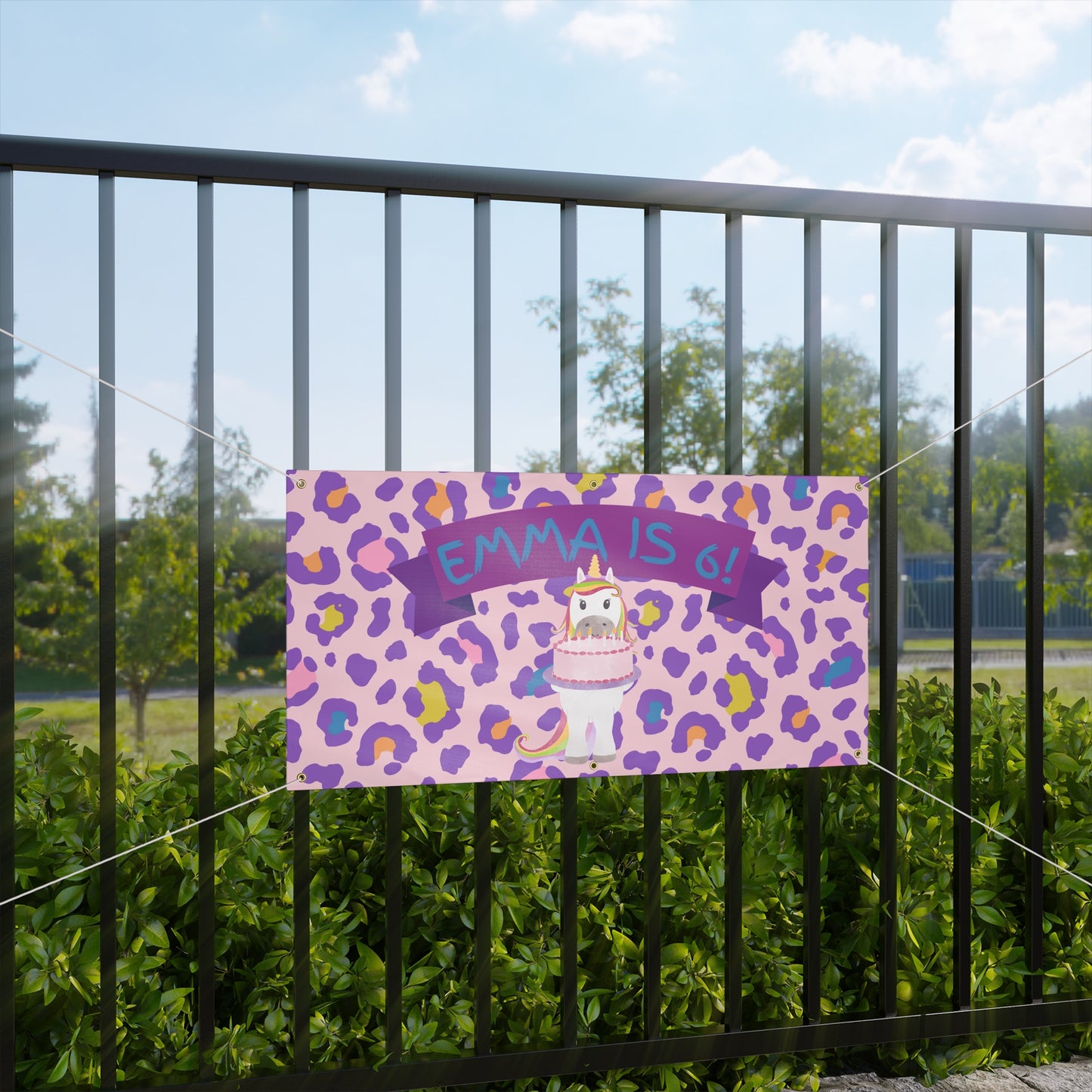 Unicorn Birthday Banner Matte Banner | Personalized Purple Leopard Print