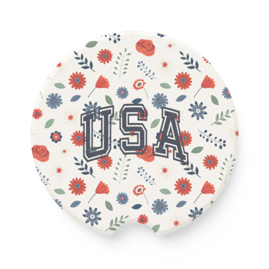 USA Floral Soapstone Car Coaster, Car Accessories for Gift, Home Decor, USA Pride, Summer Events, Floral Design