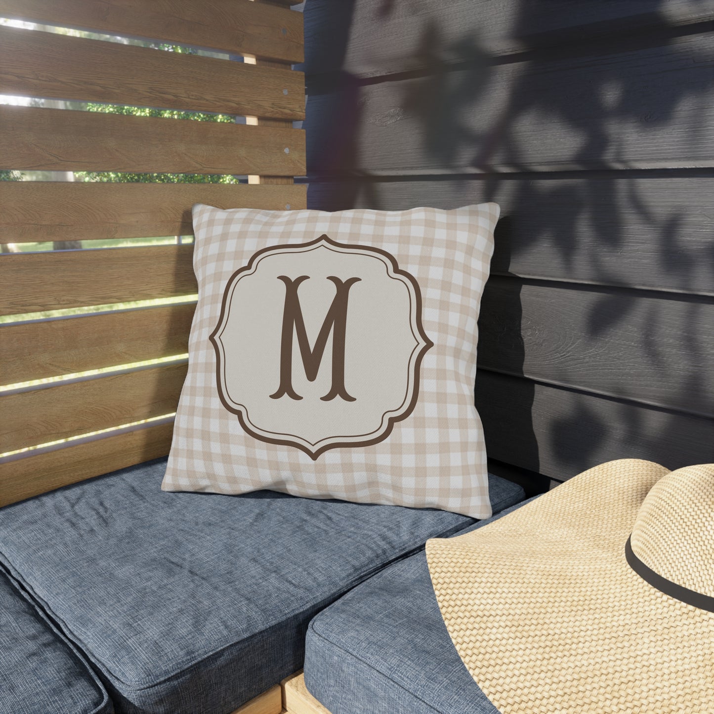 Monogram Plaid Outdoor Pillow | Beige Gingham Initial Accent