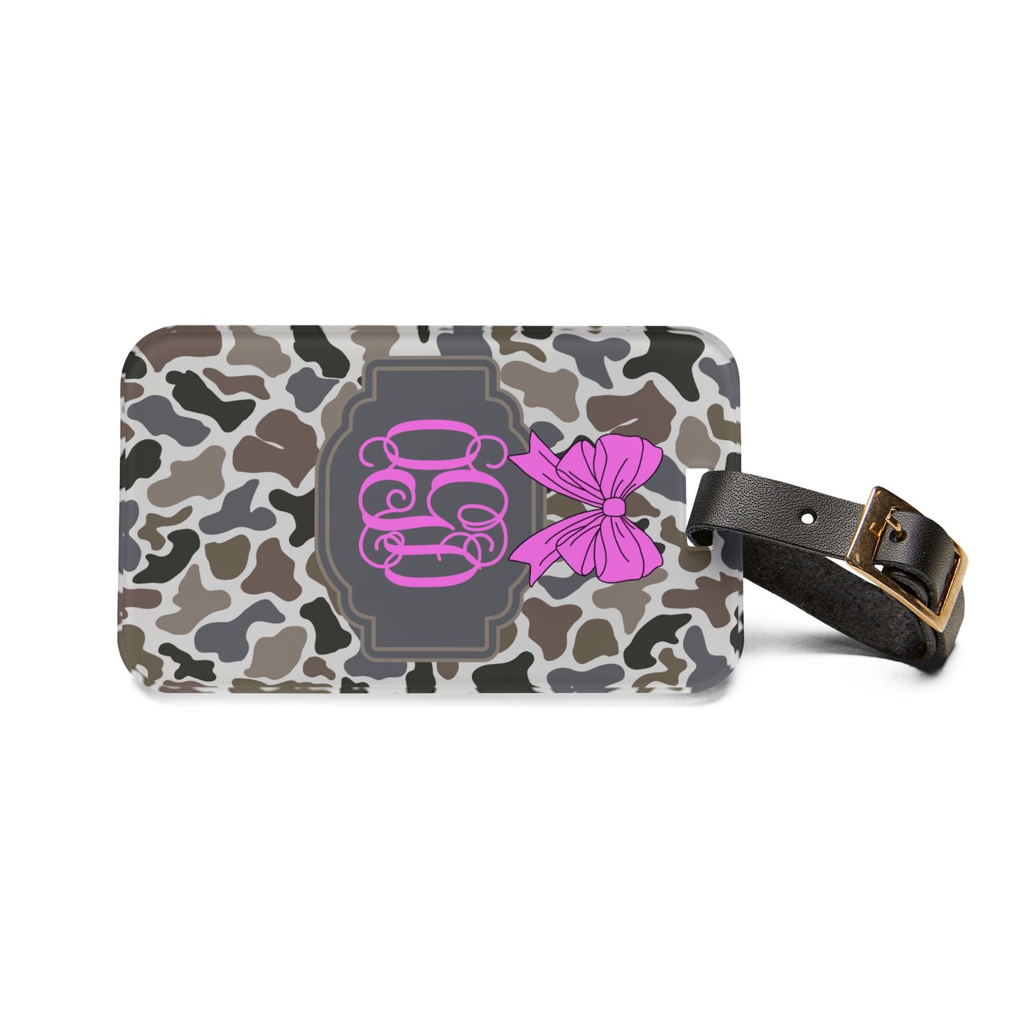 Pink Bow Monogram Luggage Tag | Camo Background I Stocking Stuffer for Her