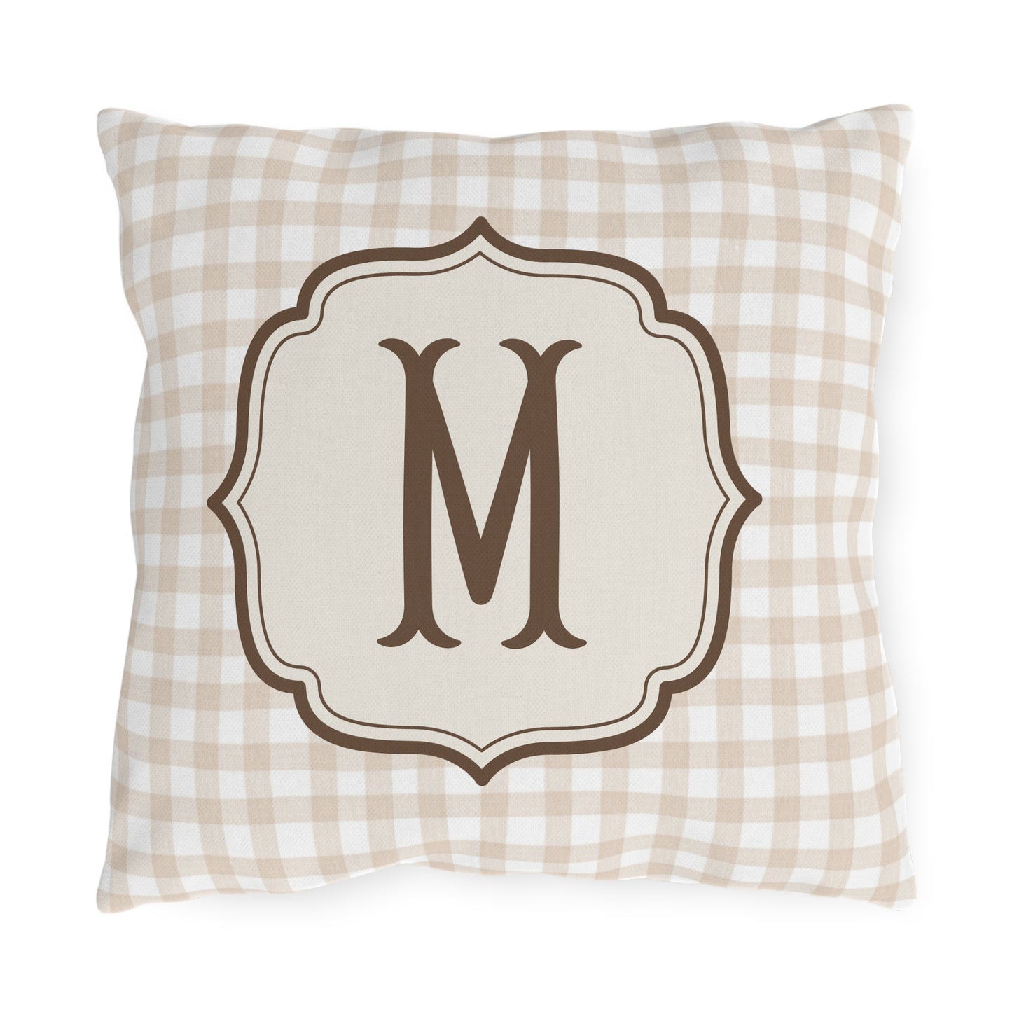 Monogram Plaid Outdoor Pillow | Beige Gingham Initial Accent