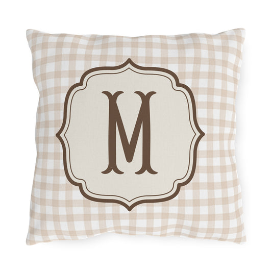 Monogram Plaid Outdoor Pillow | Beige Gingham Initial Accent