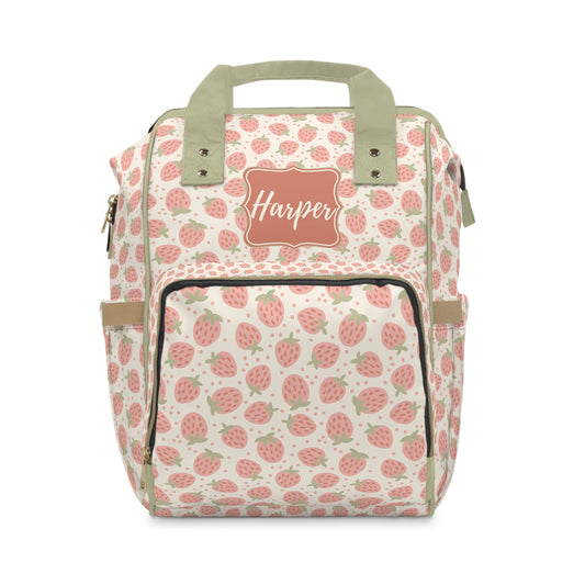 Personalized Strawberry Diaper Bag I Custom Name Baby Bag Backpack I Cute Floral Baby Shower Gift I Stylish Mommy Bag I Pink & Sage