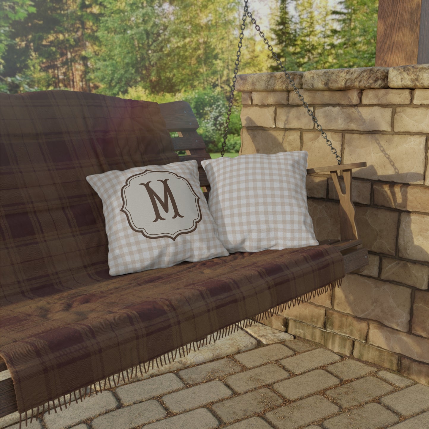 Monogram Plaid Outdoor Pillow | Beige Gingham Initial Accent