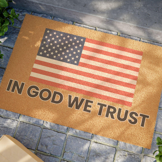 USA Patriotic Doormat, Welcome Mat with American Flag, In God We Trust Door Mat, Home Decor for Patriotic Holidays, Rustic Outdoor Entryway