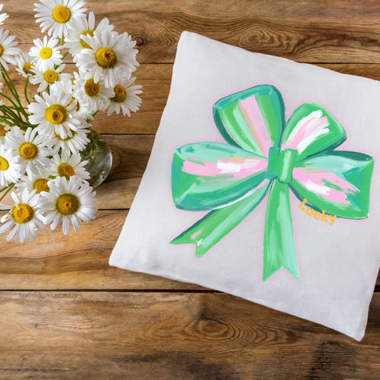 Lucky Bow Shamrock -Themed Square Pillow, Cozy Decor, Gift Idea for Birthdays, Home Accents, Holiday Celebrations